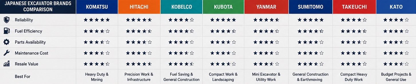 Japanese Excavator Brands Comparison